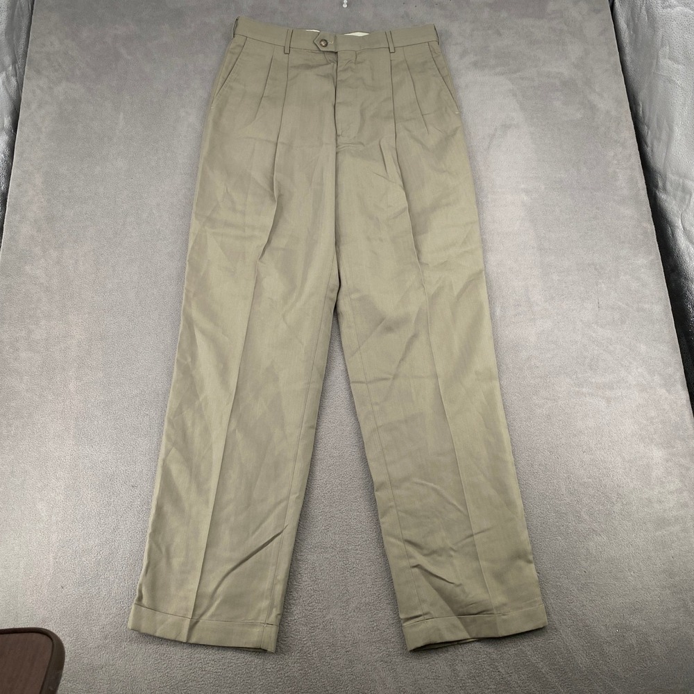 Chaps Ralph Lauren Mens 34x34 Khaki Pleated Cuffed Herringbone Dress Trousers